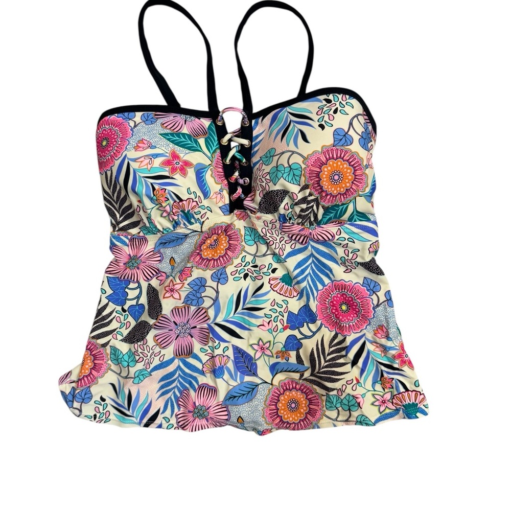 Time and Tru Floral Tankini Top Lace Up Front Size M 8-10